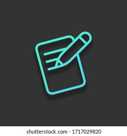 Write text, create or edit document, pencil and paper, outline design. Colorful logo concept with soft shadow on dark background. Icon color of azure ocean