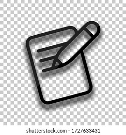 Write text, create or edit document, pencil and paper, outline design. Black glass icon with soft shadow on transparent background