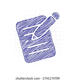 Write text, create or edit document, pencil and paper. Hand drawn sketched picture with scribble fill. Blue ink. Doodle on white background