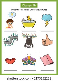 Write -th- Sound Missing Words Phonics Worksheet. Find Words With The Correct Spelling Rule. Activity Page For Kids. Vector Illustration