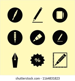 write vector icons set. with discount tag, notebook pencil, pencil and fountain pen in set