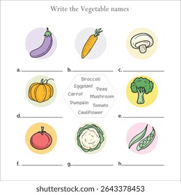 Write the vegetables name with suggestion education worksheet for kids illustration vector