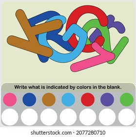 Write what is indicated by colors in the space. Color puzzle game. Intelligence questions, Visual intelligence, Mechanical intelligence, IQ test