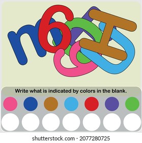 Write what is indicated by colors in the space. Color puzzle game. Intelligence questions, Visual intelligence, Mechanical intelligence, IQ test