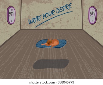 
write a wish and it will come true at 12 am
empty room and round clock on the wall, a cat flies on the mat