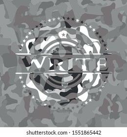 Write written on a grey camouflage texture