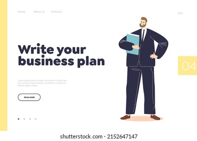 Write your business plan concept of landing page with successful businessman holding document folder happy smiling. Confident manager startup owner. Cartoon flat vector illustration