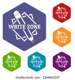 Write zone icons vector colorful hexahedron set collection isolated on white 