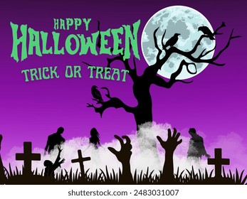 Writen happy halloween and trick or treat with green color then graveyard and zombie as a themes. Violet as a background.