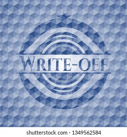 Write-off blue emblem or badge with abstract geometric pattern background.