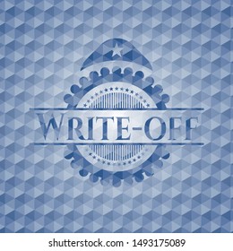 Write-off blue emblem or badge with abstract geometric pattern background. Vector Illustration. Detailed.