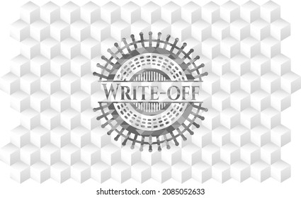 Write-off grey emblem with geometric cube white background. 