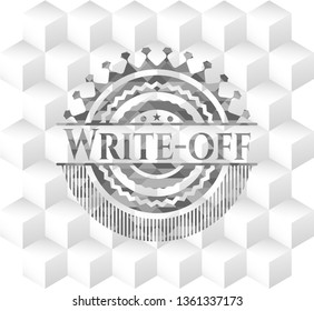 Write-off retro style grey emblem with geometric cube white background