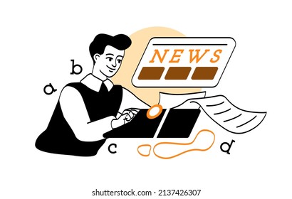 Writer with article in hand. Man prepares newspaper for release. Latest news and current information. Proofreader checks article, editor looks for errors in text. Cartoon flat vector illustration