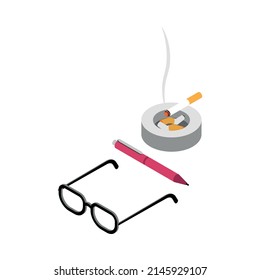 Writer Attributes Isometric Icon With Glasses Pen And Cigarettes In Ash Tray 3d Vector Illustration