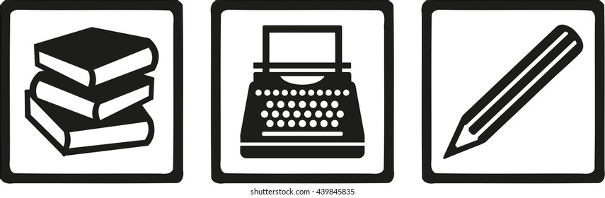 Writer author tools - book, typewriter, pen