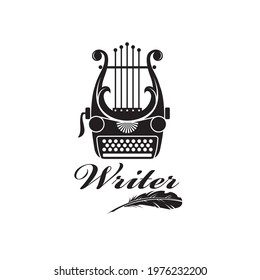 writer badge with typewriter and lyre isolated on white background