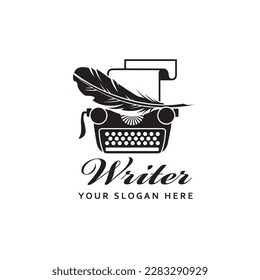 writer badge with typewriter and pen feather isolated on white background