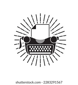 writer badge with typewriter and rays isolated on white background