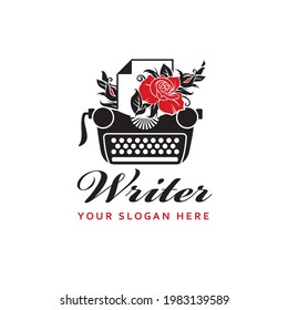 writer badge with typewriter and rose isolated on white background