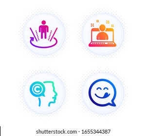 Writer, Best manager and Augmented reality icons simple set. Button with halftone dots. Yummy smile sign. Copyrighter, Best developer, Virtual reality. Emoticon. People set. Vector