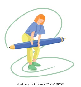 Writer with big pen on white background