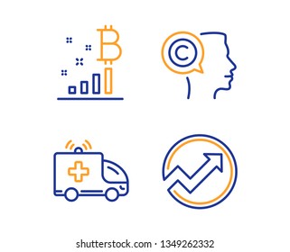 Writer, Bitcoin graph and Ambulance car icons simple set. Audit sign. Copyrighter, Cryptocurrency analytics, Emergency transport. Arrow graph. Science set. Linear writer icon. Colorful design set
