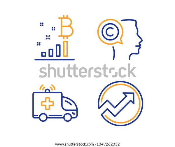 Writer, Bitcoin graph and Ambulance car icons simple\
set. Audit sign. Copyrighter, Cryptocurrency analytics, Emergency\
transport. Arrow graph. Science set. Linear writer icon. Colorful\
design set