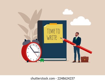 Writer blogger preparing to write in notebook. Time management to start a good job. Flat vector illustration.