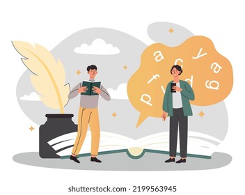 Writer with book. Man near large pen with ink, composing new poem or story. Love for literature, creativity and art. Brainstorming, insight and idea. Creative person. Cartoon flat vector illustration