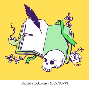 Writer of books concept. Vector creative illustration of color opening book with bookmark, bird feather, inkwell, smoking pipe, human skull on yellow background. Flat line art style design of book