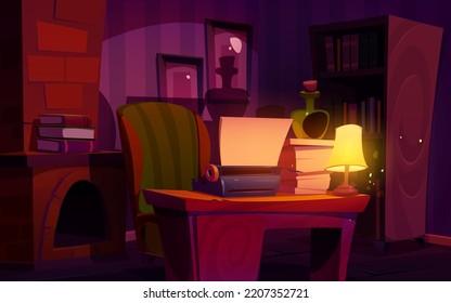 Writer cabinet at night, interior with typewriter, glowing lamp, bottle, stack of paper on desk with vintage armchair. Room with author items, fireplace and shadows on wall Cartoon vector illustration