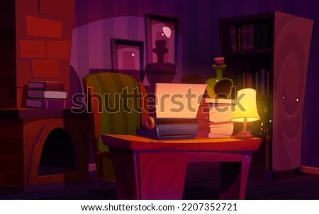 Writer cabinet at night, interior with typewriter, glowing lamp, bottle, stack of paper on desk with vintage armchair. Room with author items, fireplace and shadows on wall Cartoon vector illustration