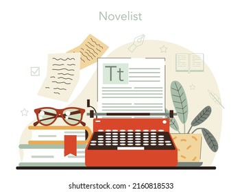 Writer concept. Author writing script of a novel. Bestseller publishing process. Journalist, novelist or poet. Idea of creative literature profession. Flat vector illustration