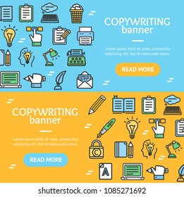 Writer and Copywriting Signs Banner Horizontal Set with Color Outline Icons Include of Social Media. Vector illustration of Banners Cards