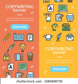 Writer and Copywriting Signs Banner Vecrtical Set with Color Outline Icons Include of Paper and Document. Vector illustration of Banners Cards