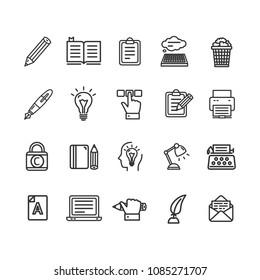 Writer and Copywriting Signs Black Thin Line Icon Set Include of Lightbulb, Typewriter and Book. Vector illustration of Icons