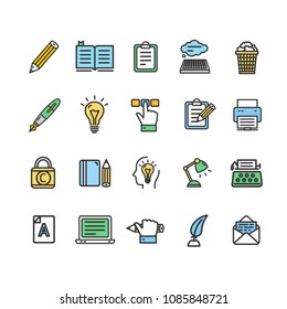 Writer and Copywriting Signs Color Thin Line Icon Set Include of Text, Pen and Hand. Vector illustration of Icons
