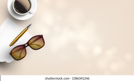 Writer Desk Flat Lay Realistic Composition Vector. Eye Glasses With Brown Frame, Blank Notebook Page With Pen And Cup Of Aroma Coffee On Writer Student Desk. Copy Space Top View Illustration