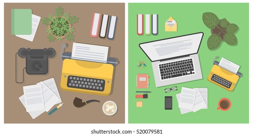 Writer desk mockup set. Desk with typewriter, laptop, notes and plant. Workplace of writer or journalist.