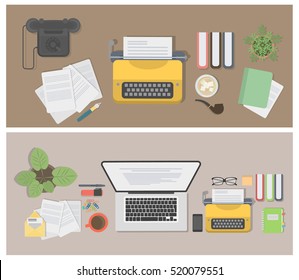 Writer desk mockup set. Vintage desk with typewriter, notes and telephone. Workplace of writer or journalist.