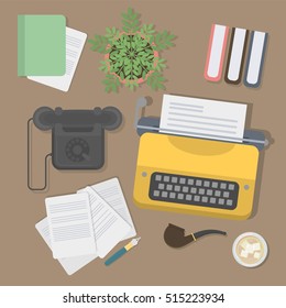 Writer desk mockup. Vintage desk with typewriter, notes and telephone. Workplace of writer or journalist.