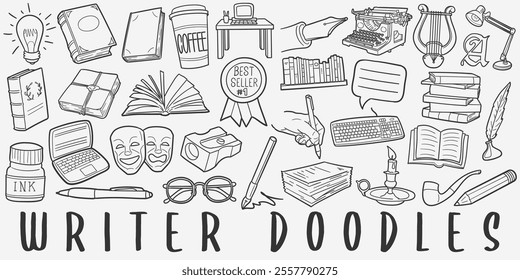 Writer Doodle Icons Black and White Line Art. Literature Clipart Hand Drawn Symbol Design.	