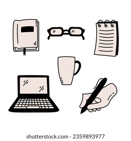 Writer doodle set. Hand drawn collection of education icons. Vector illustration.