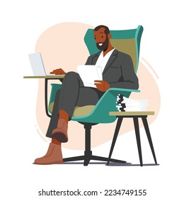 Writer or Editor Black Character Sitting at Armchair Typing Article on Laptop. Creative Person Writing or Editing Text. Author or Journalist Working, Create Book. Cartoon People Vector Illustration