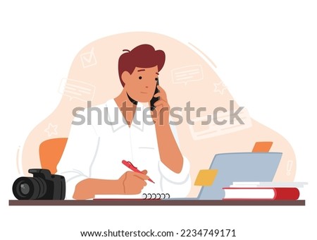 Writer, Editor, Blogger or Journalist Creative Male or Character Sit at Workplace with Laptop and Photo Camera Searching Information and Making Notes in Notepad. Cartoon People Vector Illustration