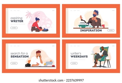 Writer or Editor Characters Landing Page Template Set. Creative Persons Writing or Editing Text. Authors Sitting at Workplace Create Book, Essay or Content for Blog. Cartoon People Vector Illustration