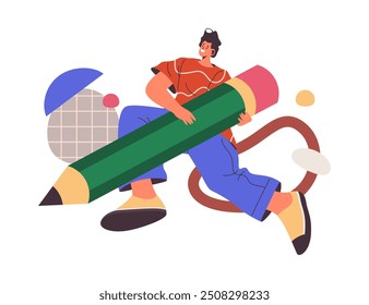 Writer or editor, journalist or author with pen writing blog or newspaper article, flat cartoon vector illustration. Isolated abstract man personage with pen tool for creating content