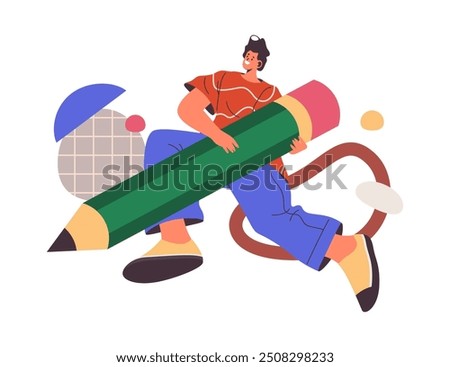 Writer or editor, journalist or author with pen writing blog or newspaper article, flat cartoon vector illustration. Isolated abstract man personage with pen tool for creating content