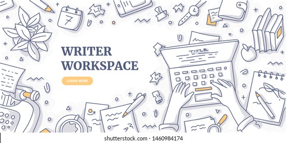 Writer editor journalist or copywriter workspace. Hands of man who types text on laptop. Creative desktop top view. Typewriter, papers, diary, coffee mug, crumpled paper. Flat lay doodle illustration